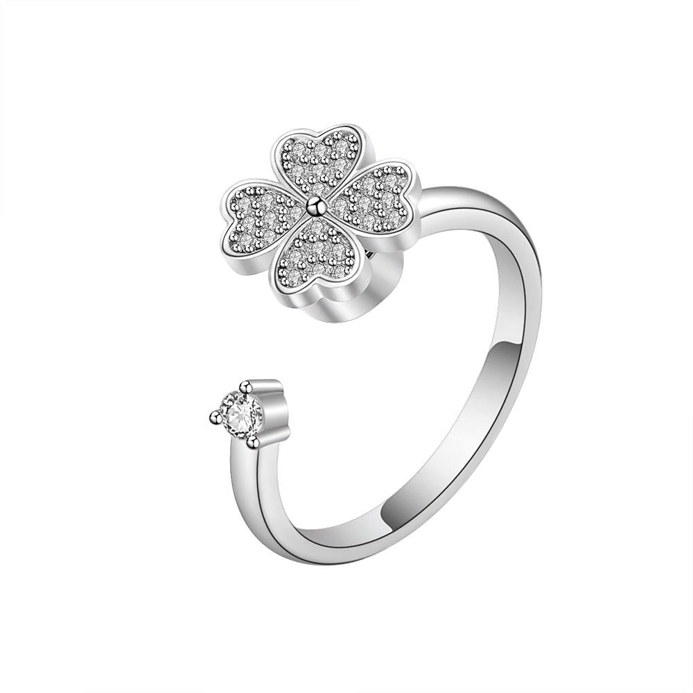 Geometric Sterling Silver Adjustable Spinner Ring with Zircon Clover Design