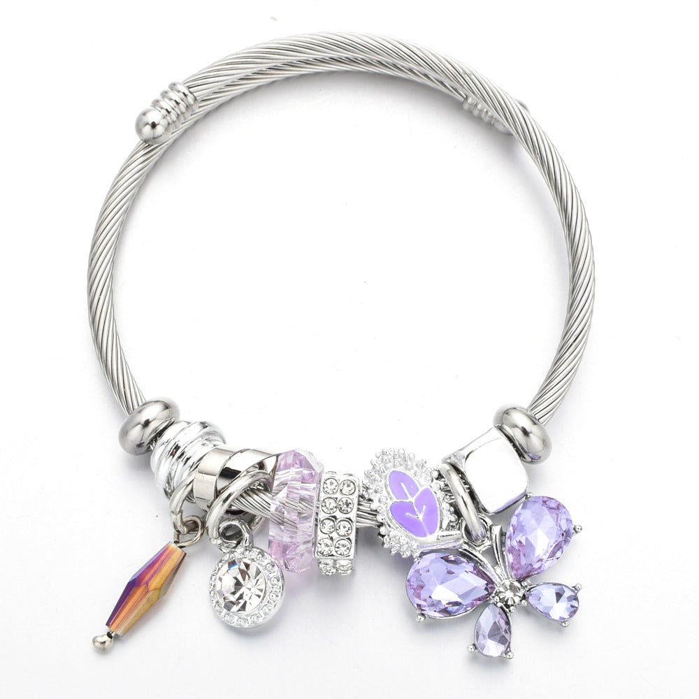 Fashion Metal Bunny Pendant & Crystal Bead Adjustable Stainless Steel Bracelet