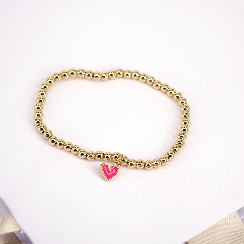 Gold Ball Beaded Heart-shaped Elastic Bracelet with Colorful Oil Drop Accents