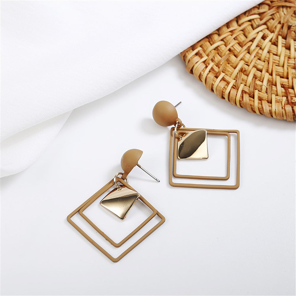Frosted Geometric Square & Hollow Rhombus Metal Drop Earrings - Gold