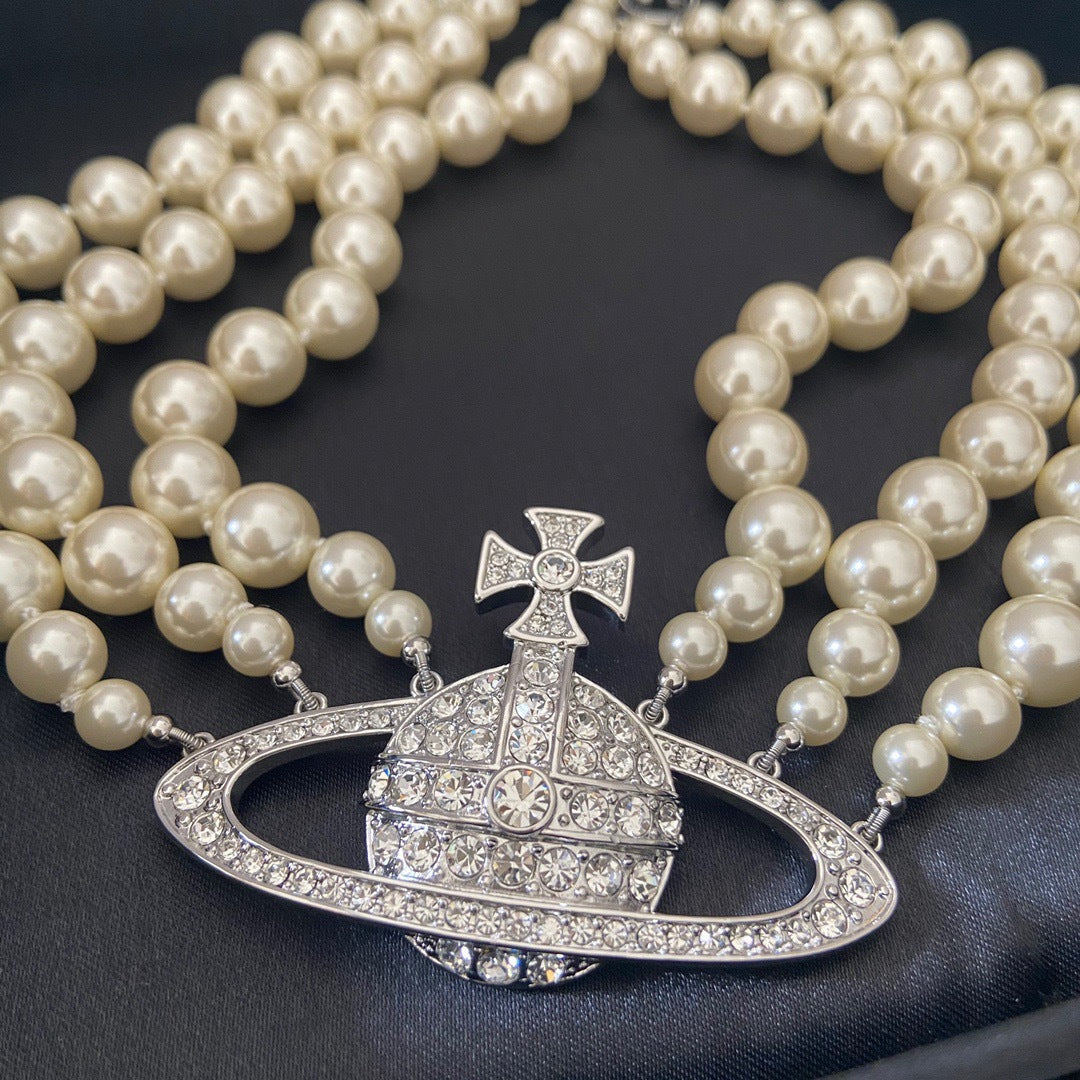 Three-Layer Pearl Saturn Pendant Necklace with Full Diamond Accents