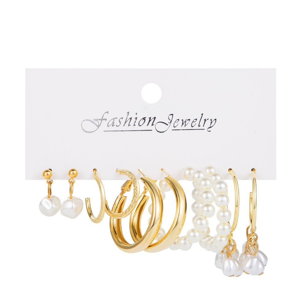 Simple Geometric Resin Pearl Rhinestone Hoop and Butterfly Heart Pendant Earrings Set