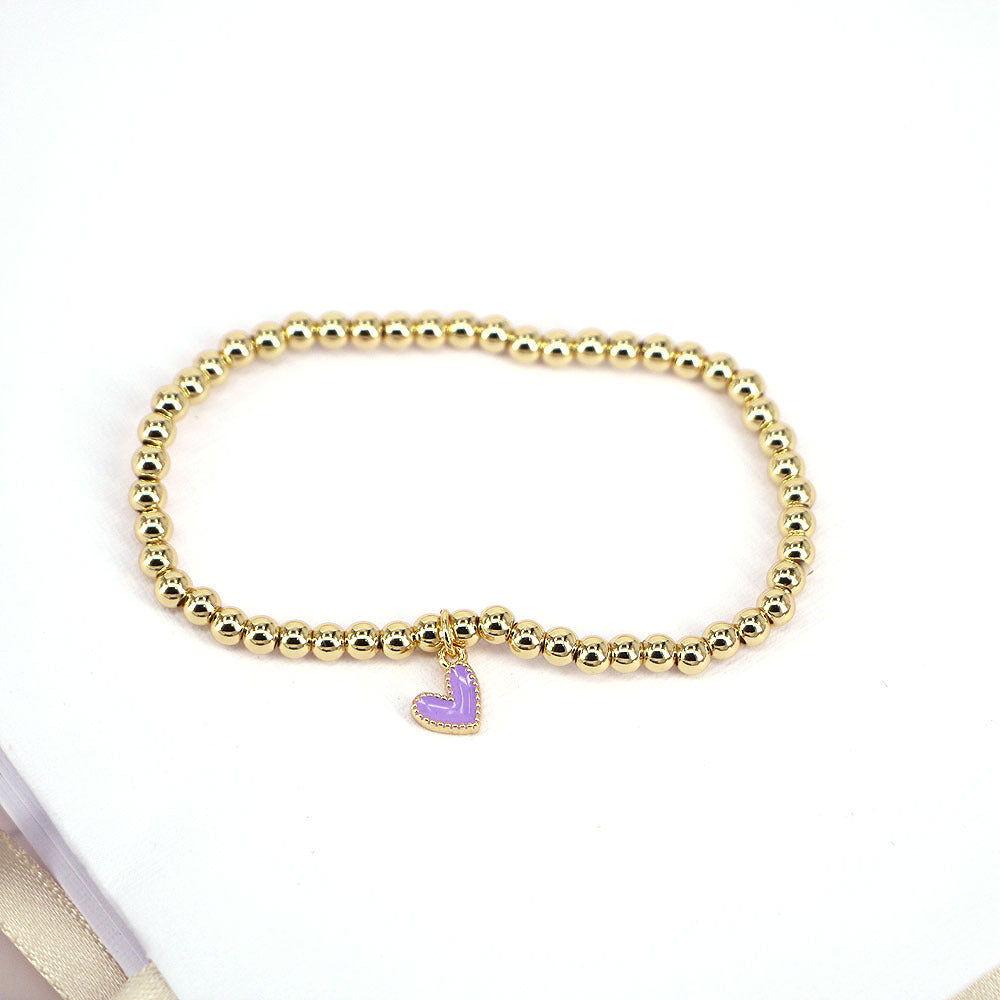 Gold Ball Beaded Heart-shaped Elastic Bracelet with Colorful Oil Drop Accents