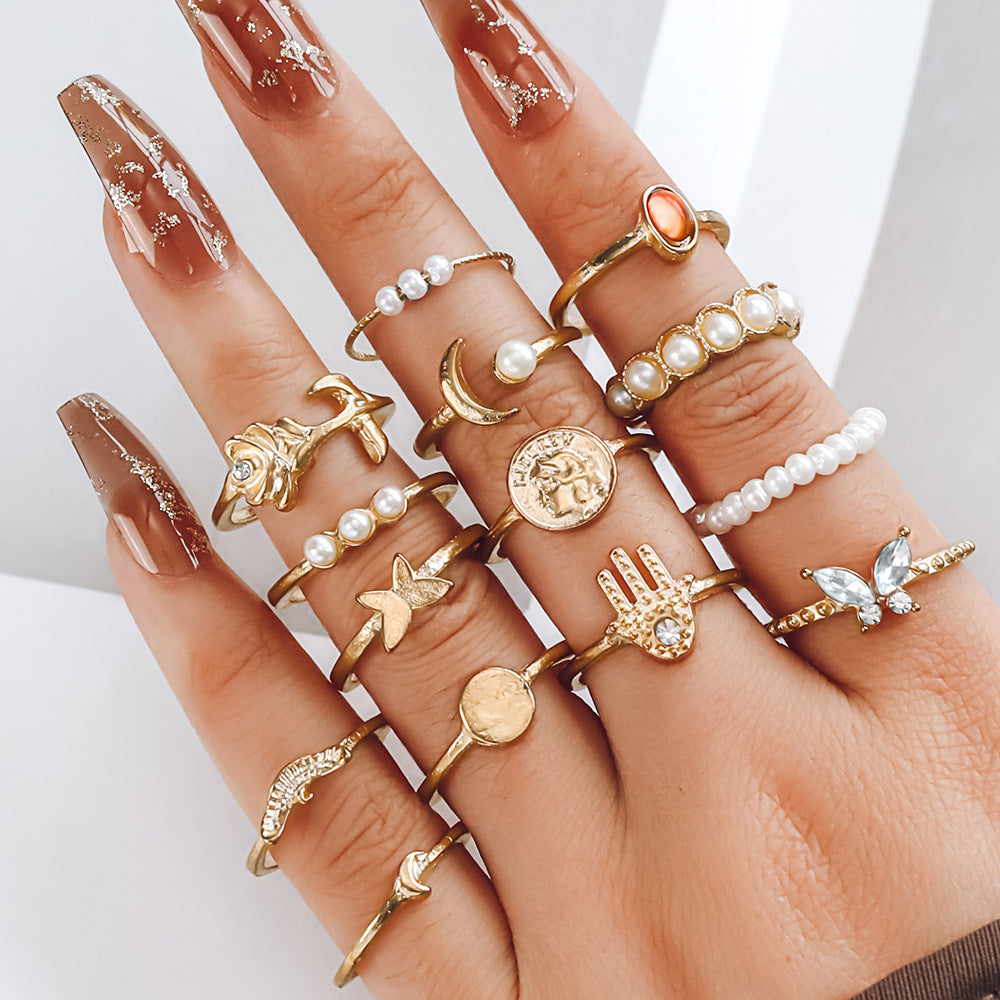 Fashion Creative Heart-shaped Oil Drip Butterfly Daisy Resin Rings & Sparkling Butterfly Pearl Crescent Hamsa 14 Piece Knuckle Ring Set