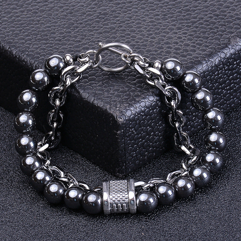 Geometric Natural Stone Lava Bead Stainless Steel Double Layer Bracelet
