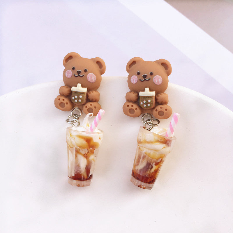 Creative Ice Cream Pearl Milk Tea Bear Strawberry Resin Earrings