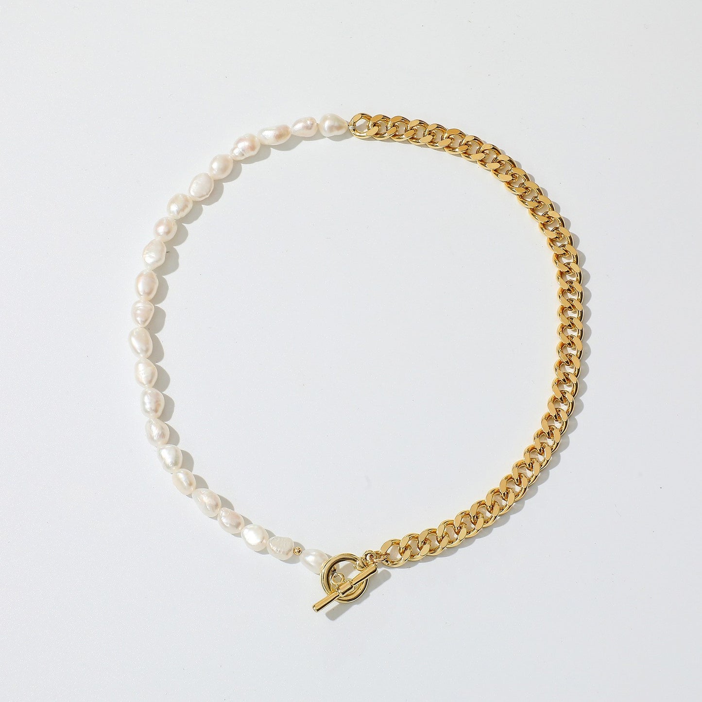 Simple Pearl and Metal Splicing Chain 14k Gold Plated Stainless Steel Necklace