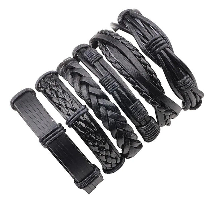 Fashion Cowhide Braided Men's Leather Bracelet Set - 6 Pieces