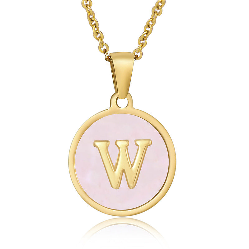 18K Gold Plated Pink Shell Round Letter Pendant Stainless Steel Necklace for Women
