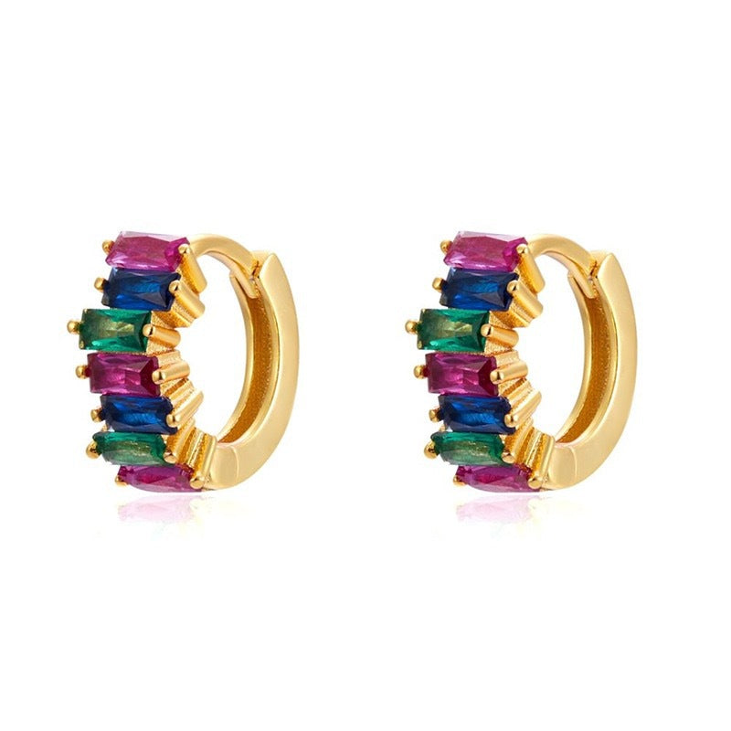 S925 Silver Needle Rectangular Zircon Stud Earrings with Colorful Zircon Hoop Design