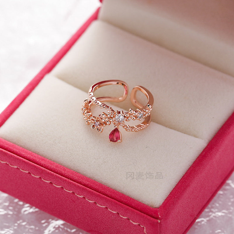 Korean Fashion Crystal Zircon Flower Adjustable Ring