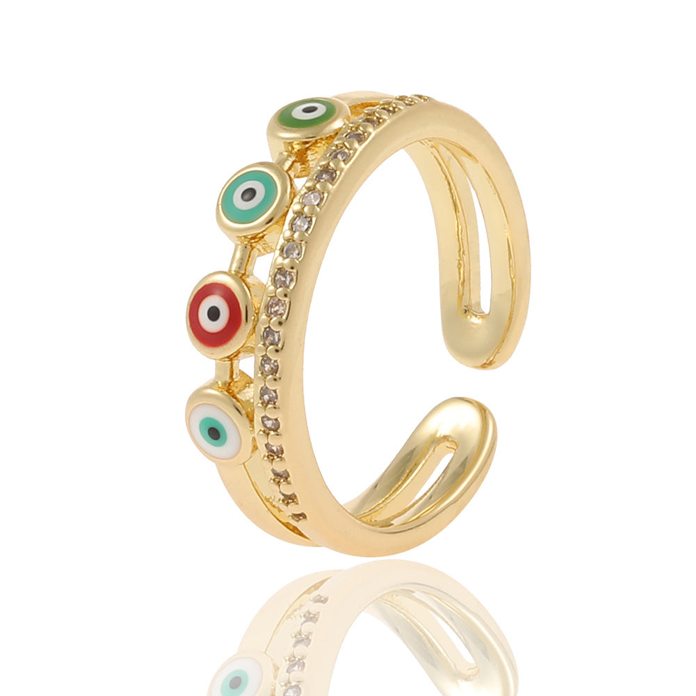 Fashion Geometric Devil's Eye Star Open Ring with Rhinestone Plated Zircon Copper