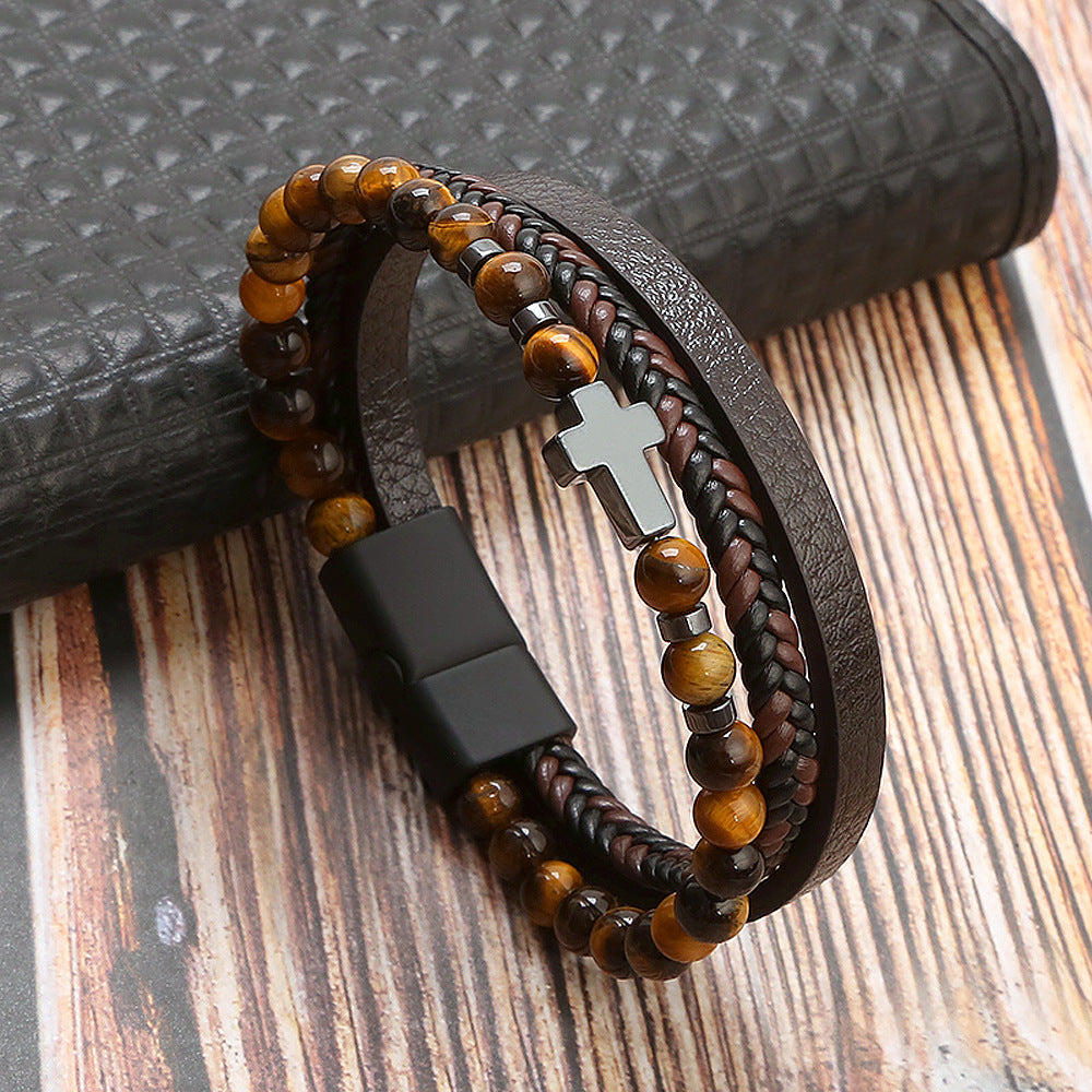Retro Cross Alloy Natural Stone Tiger Eye Men's Bracelet