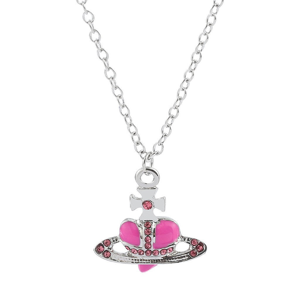 Heart Shape Alloy Pendant Necklace with Rhinestone Inlay and Glass Planet Charm