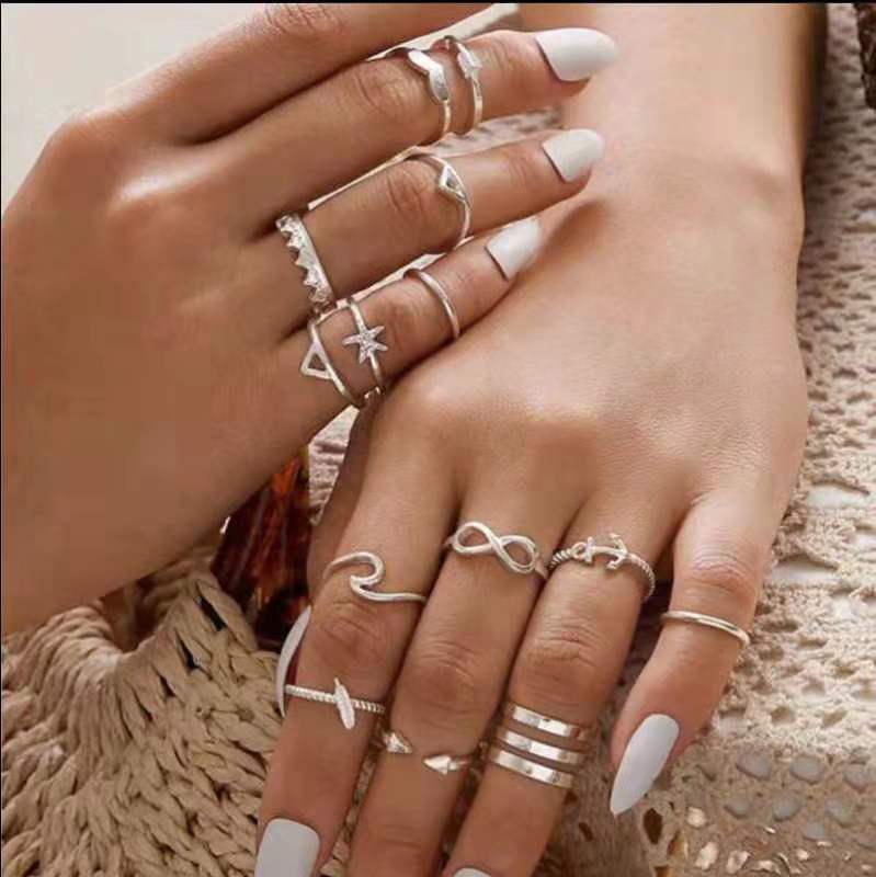 New Bohemian Star and Shell Carved Ring Set - 9 Pieces