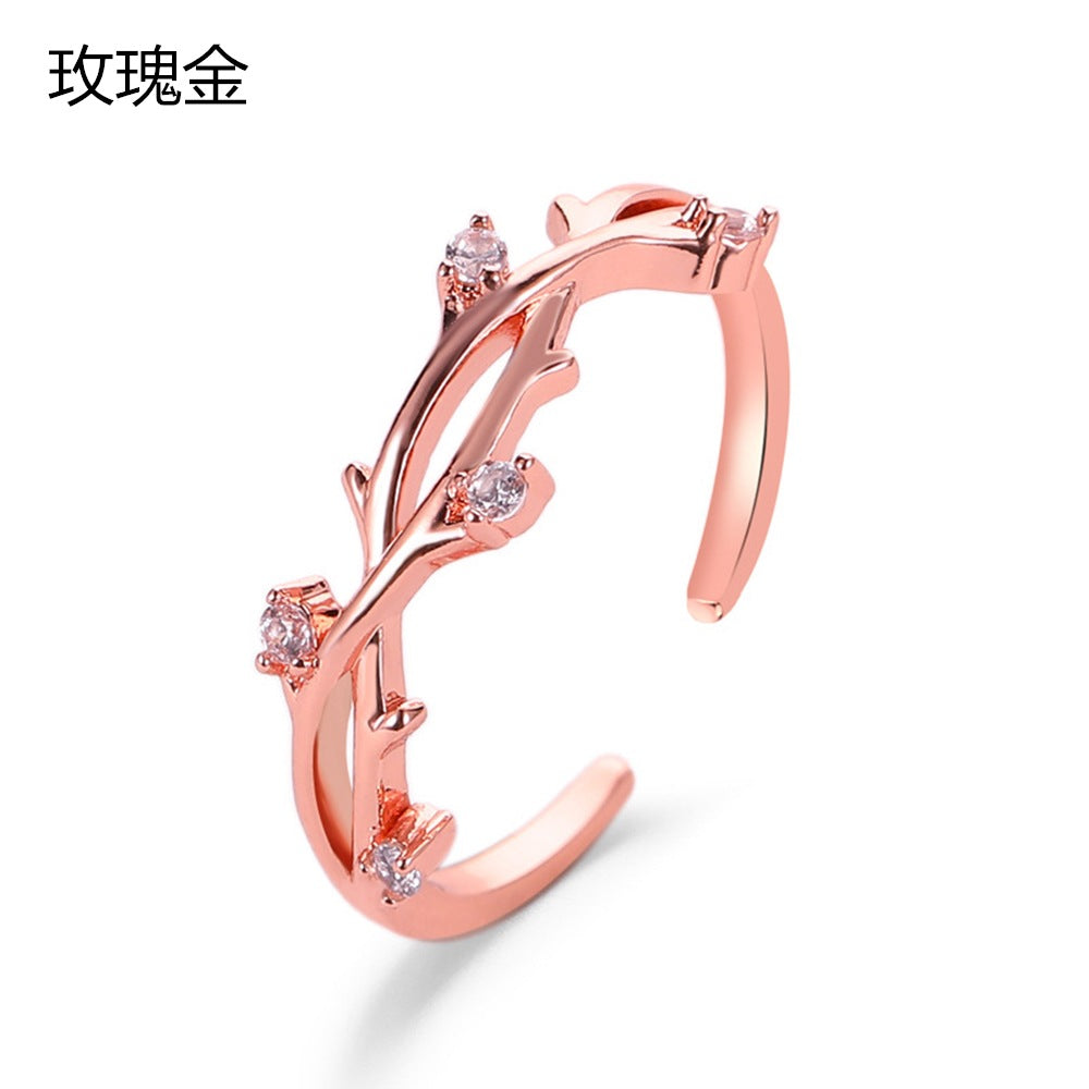 Adjustable Creative Cross Branch and Leaf Ring with Diamond Accents