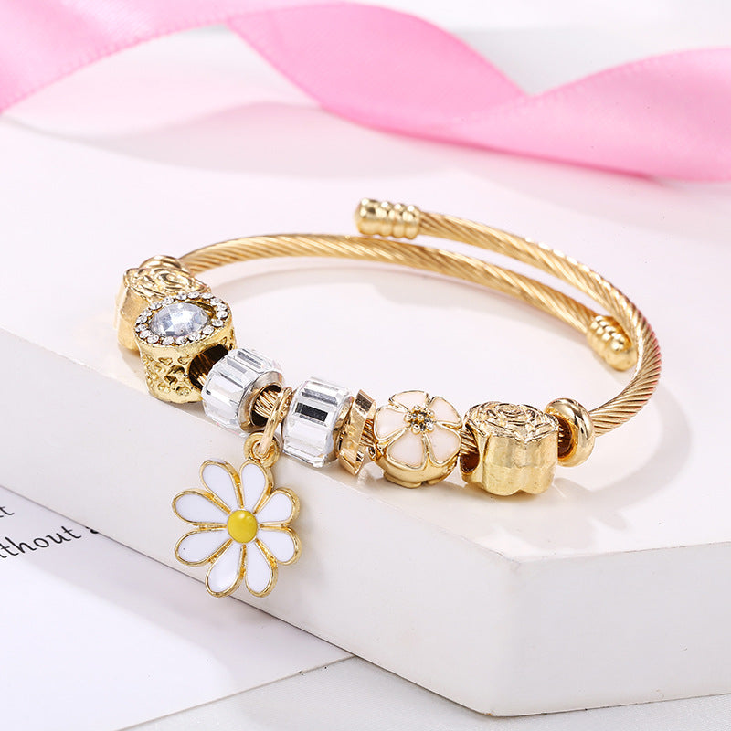 Fashion Butterfly Mosaic Sunflower Pendant Stainless Steel Bangle Bracelet Set