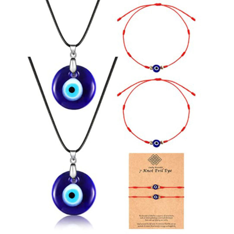 Blue Turkish Evil Eye Glass Pendant Necklace and Hand-woven Bracelet Set