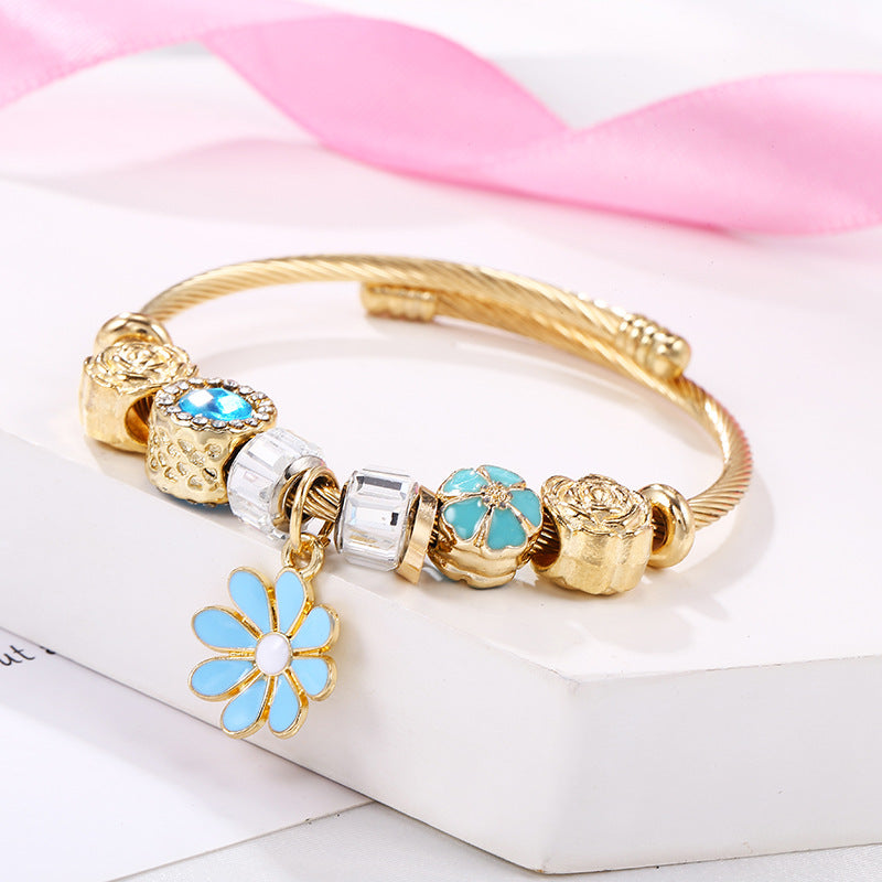 Fashion Butterfly Mosaic Sunflower Pendant Stainless Steel Bangle Bracelet Set