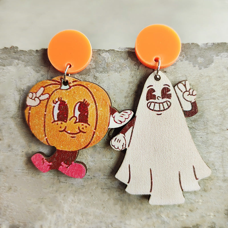 Retro Pumpkin Ghost Spider Wood Earrings for Women