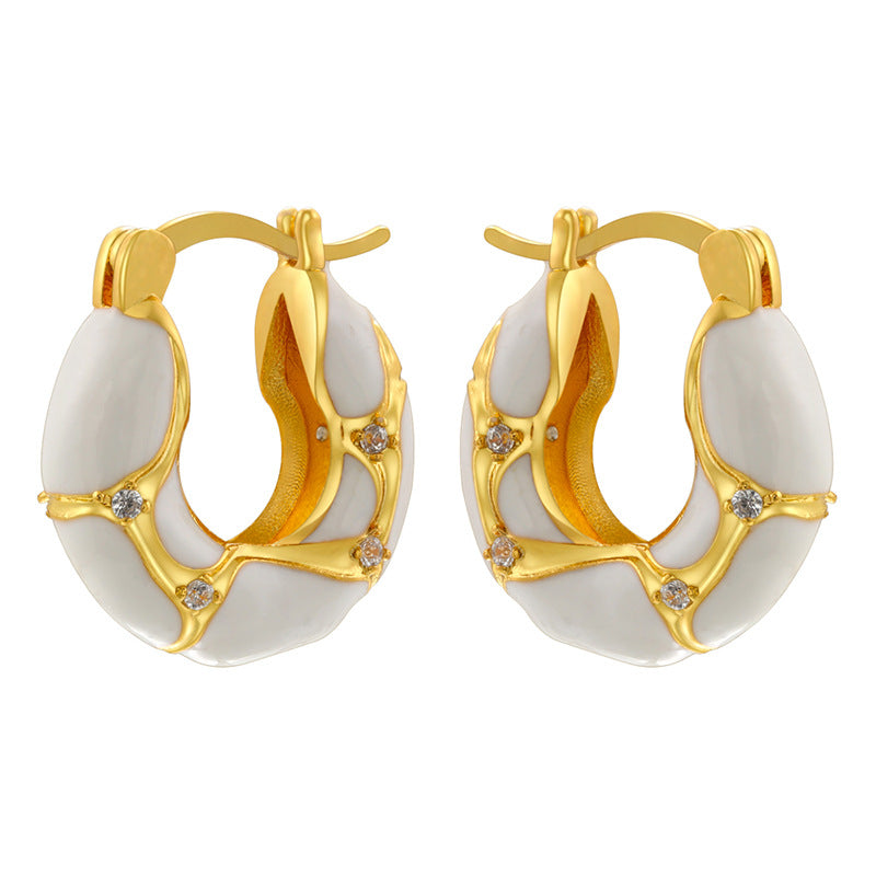 1 Pair Vintage U-Shape Enamel Inlay Zircon 18K Gold Plated Earrings