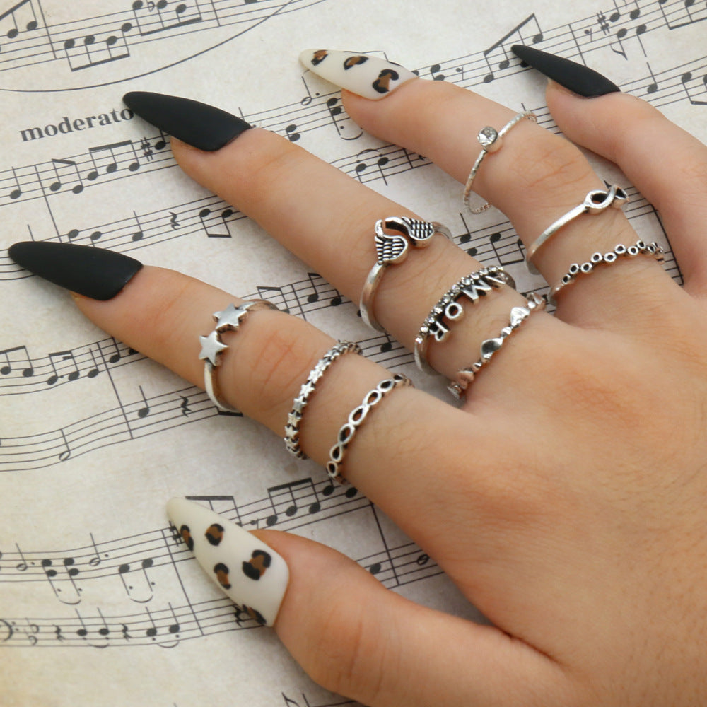 New Bohemian Star and Shell Carved Ring Set - 9 Pieces