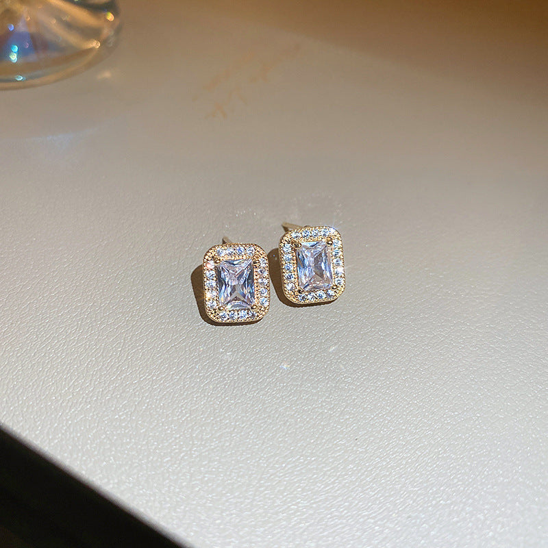 Korean Geometric Diamond Pearl Stud Earrings 925 Silver Needle