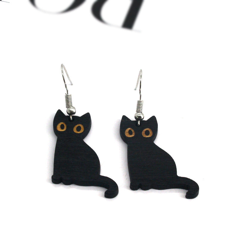 Gothic Black Cat Resin and Wood Drop Earrings