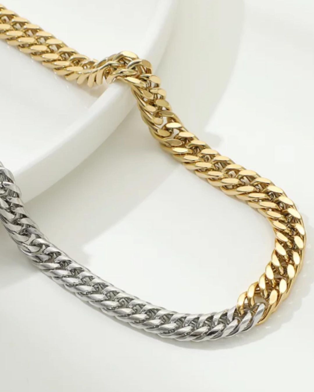 Gradient Silver and Gold Cuban Chain Necklace in 18k Plated Titanium Steel