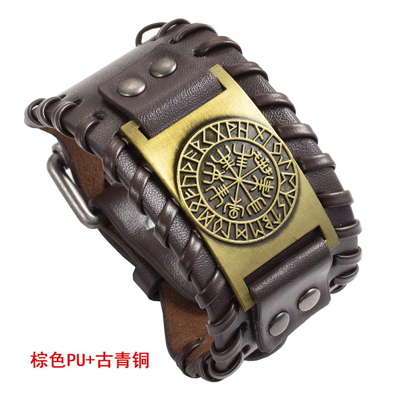 Simple Retro Nordic Viking Compass Leather Bracelet
