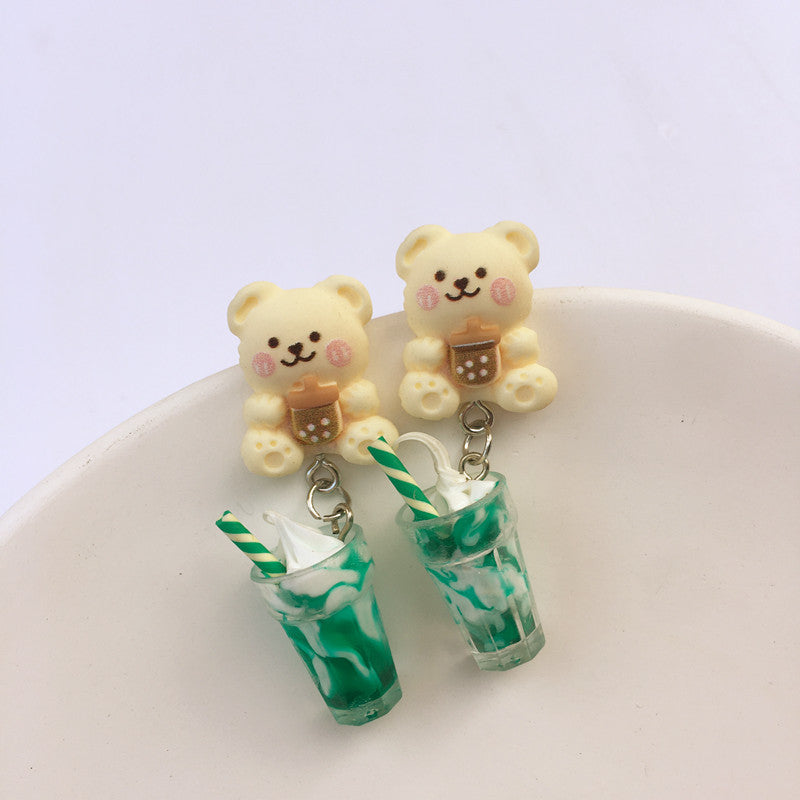 Creative Ice Cream Pearl Milk Tea Bear Strawberry Resin Earrings