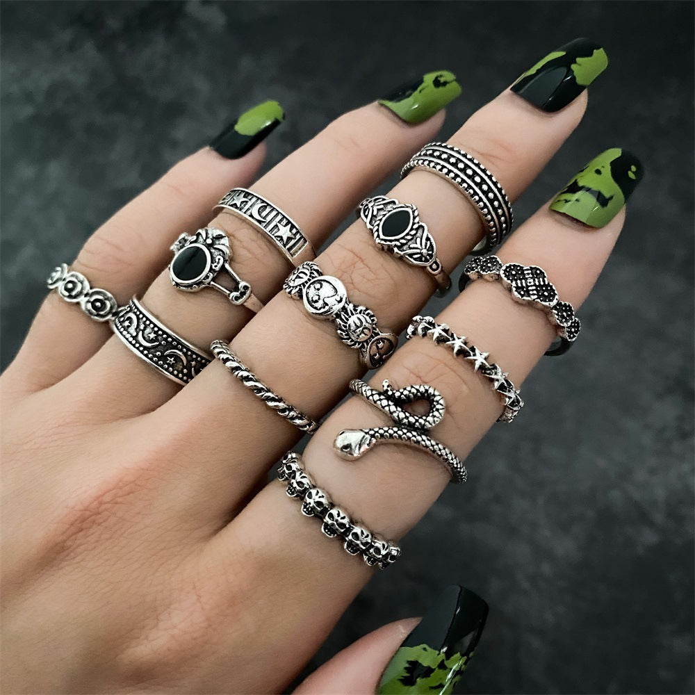 Vintage Retro Snake Design Joint Ring Set - 5 Pieces with Rhinestone Embellishments