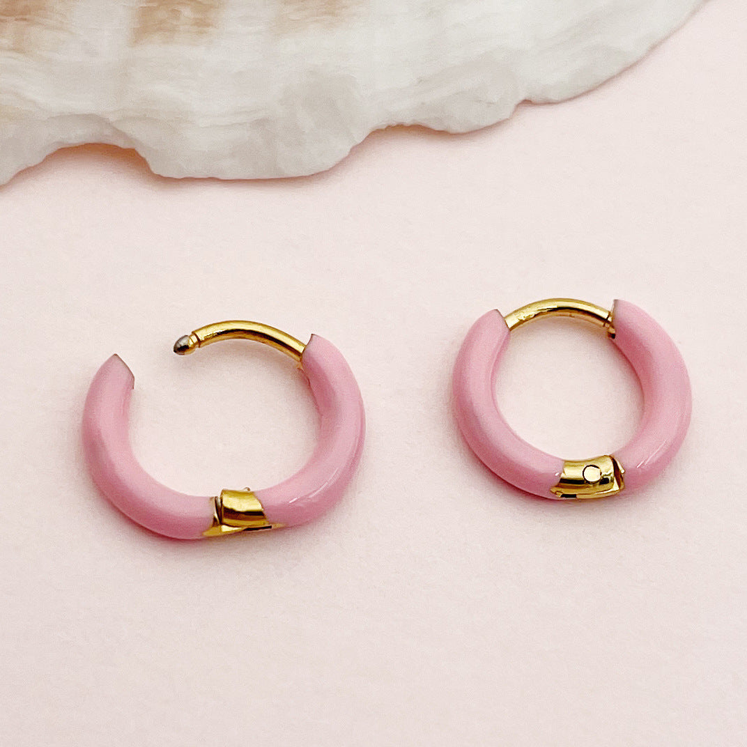 1 Pair Colorful Enamel Circle Hoop Earrings - Gold Plated Stainless Steel