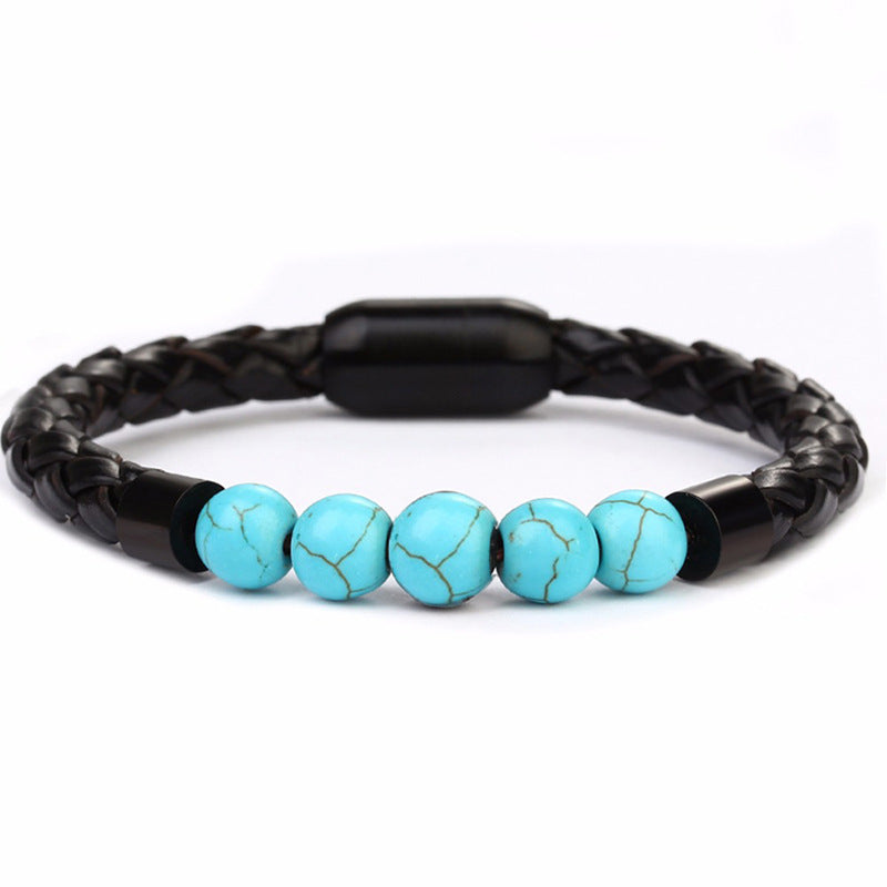 Fashion Circle PU Leather & 8mm Tiger Eye Stone Beaded Men's Bracelet with Magnetic Clasp