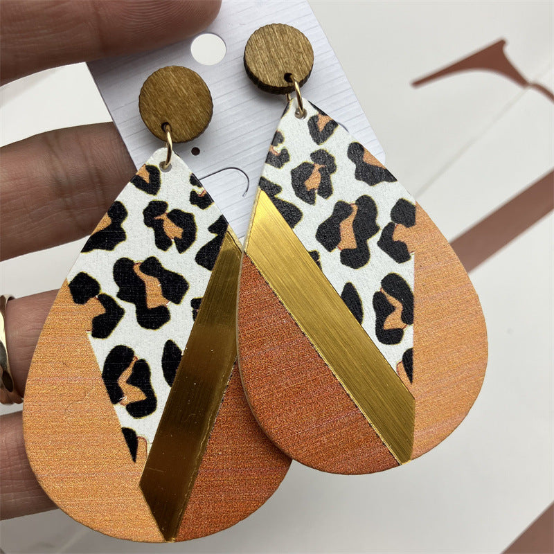 Ethnic Geometric Leopard Print Wood Drop Earrings for Women