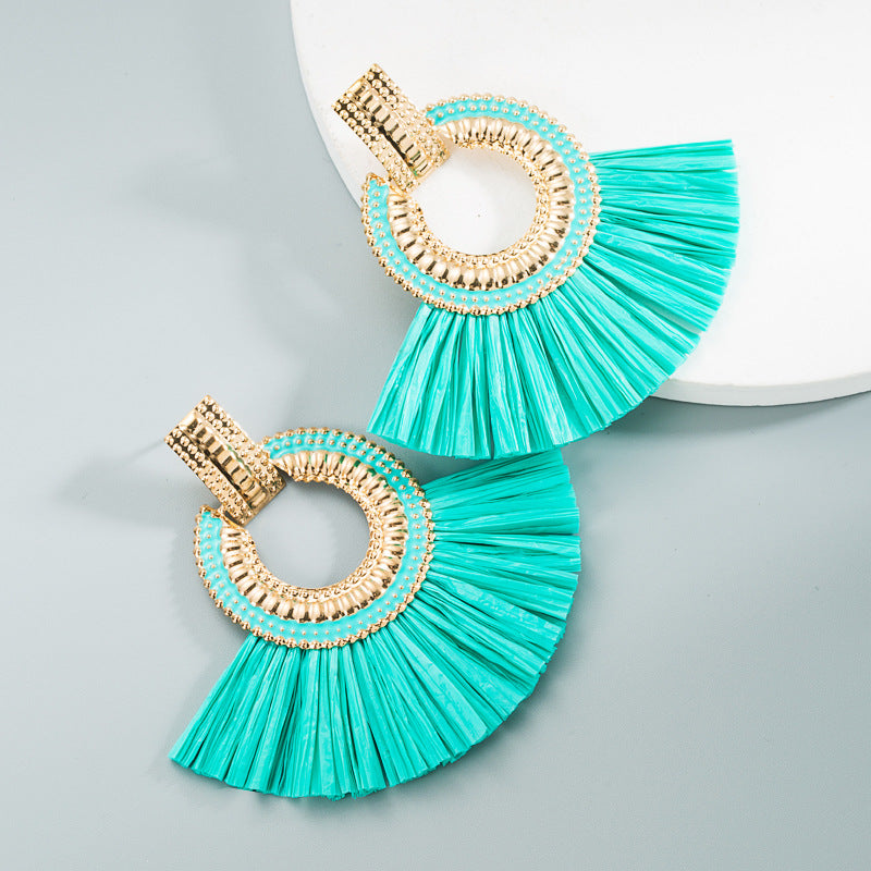 Bohemian Ethnic Raffia Fringe Fan-shaped Earrings