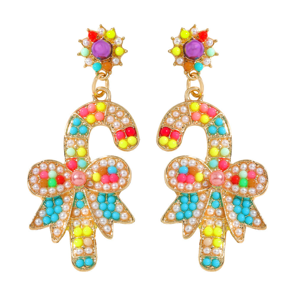 New Christmas Rhinestone Scepter Bow Earrings with Candy Cane Charm