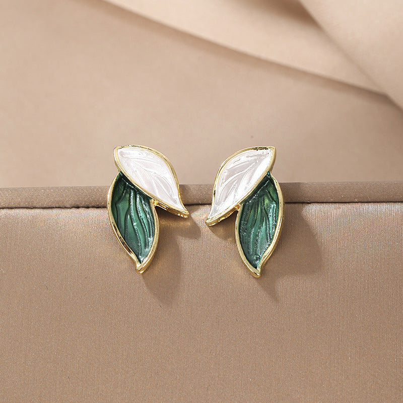 Elegant Korean Leaf Enamel Alloy Stud Earrings with S925 Silver Needle