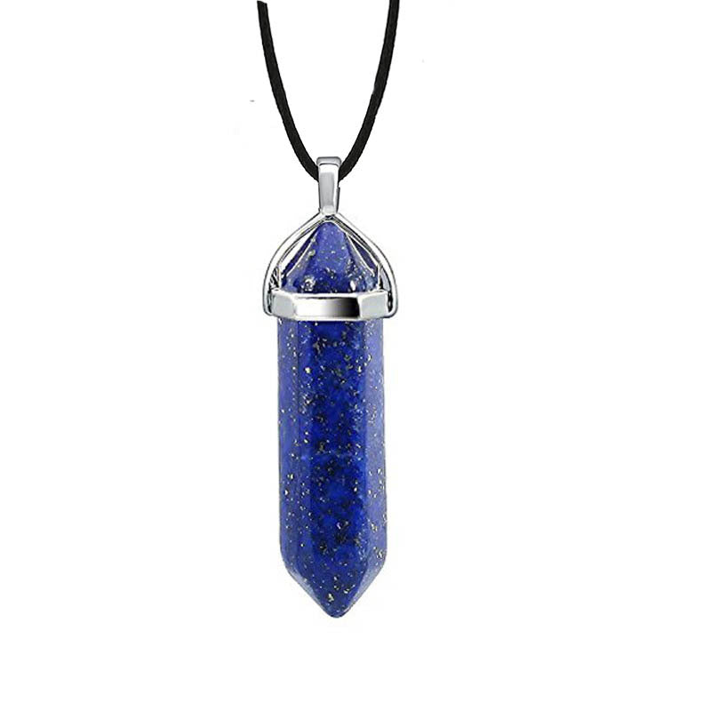 Hexagon Prism Natural Stone Leather Rope Necklace with Quartz Point Pendant