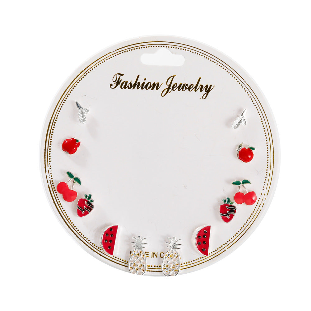 Korean Style Fruit Geometric Dripping Oil Earrings 6-Piece Set
