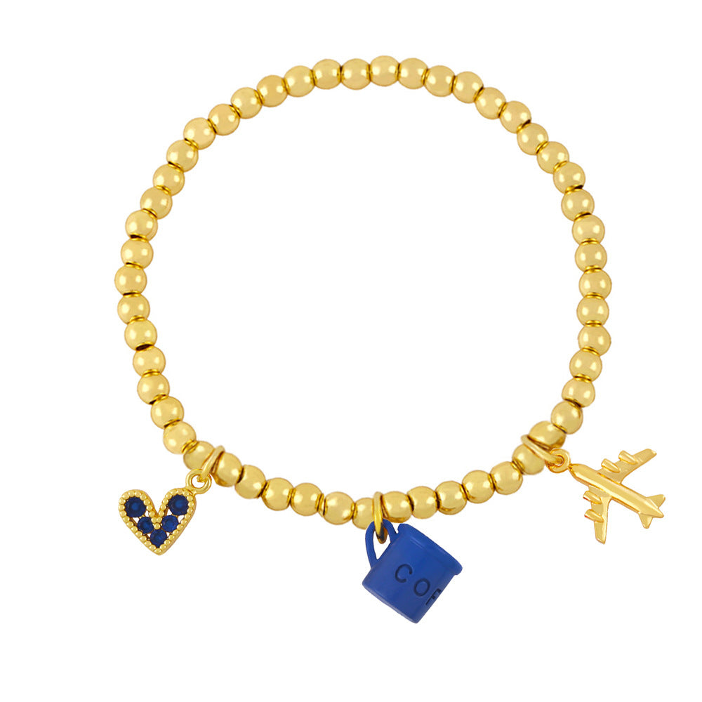Creative Fun Bracelet with Coffee Cup Airplane Love Heart Pendant Beads
