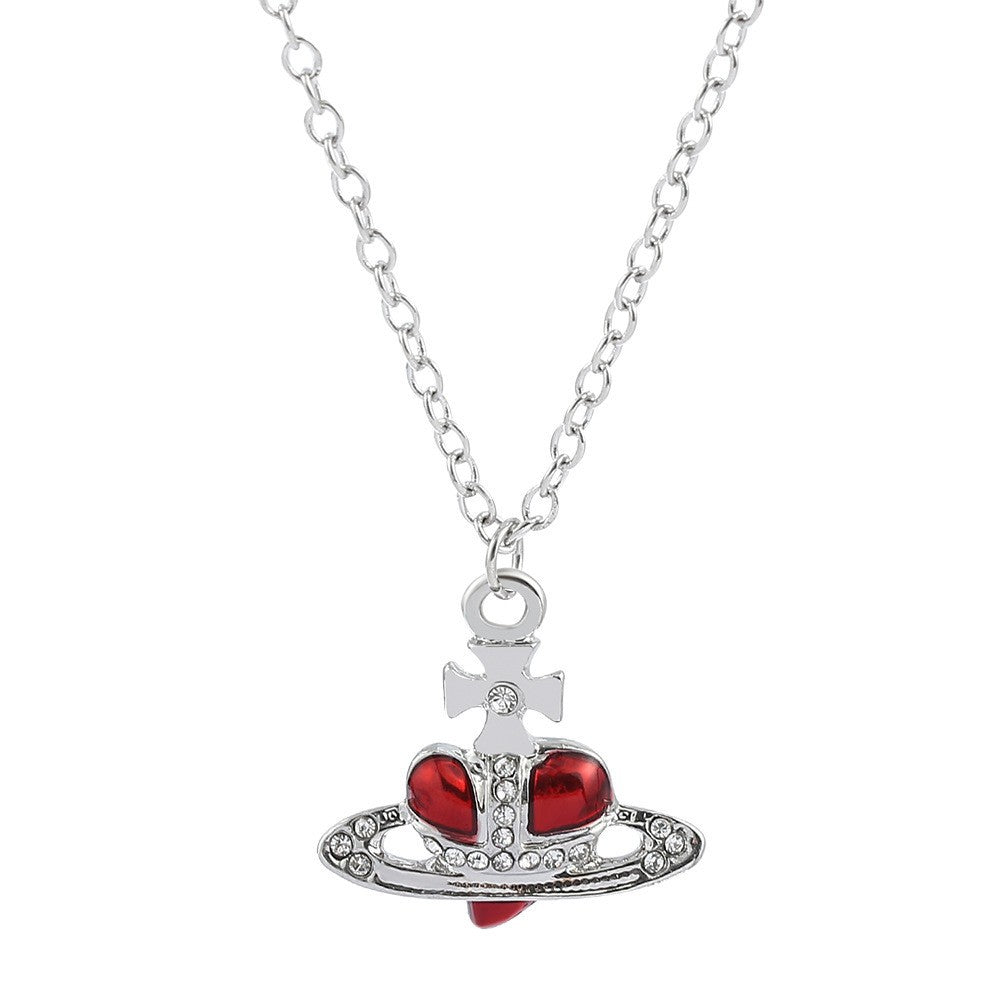 Heart Shape Alloy Pendant Necklace with Rhinestone Inlay and Glass Planet Charm