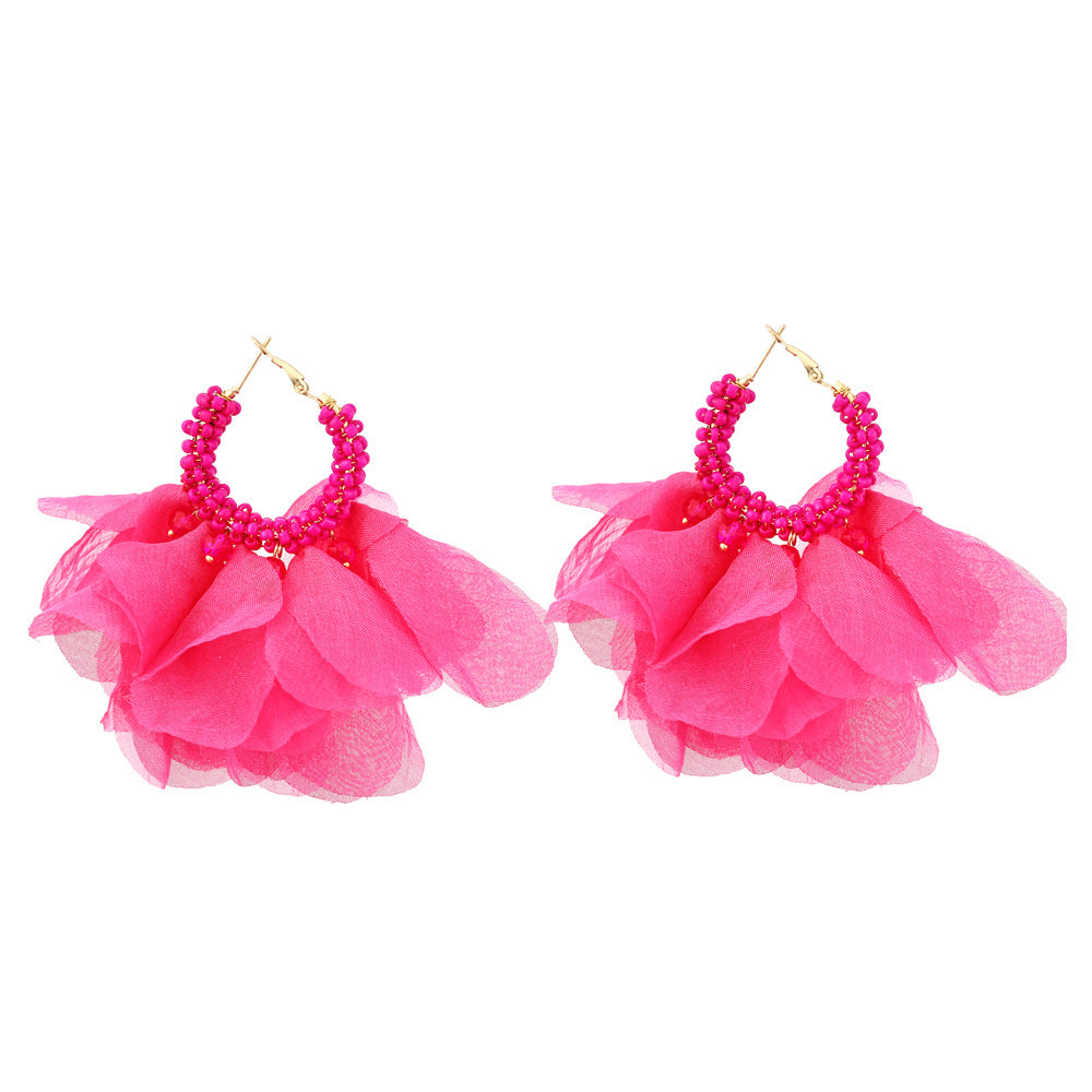 Ethnic Bohemian Purple Chiffon Flower Beaded Hoop Earrings for Women