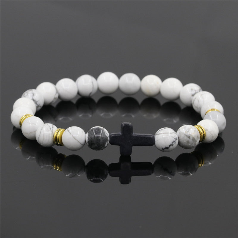 Alloy Cross Bracelet with 8mm Matte Volcanic Stone Beads - Red Pine