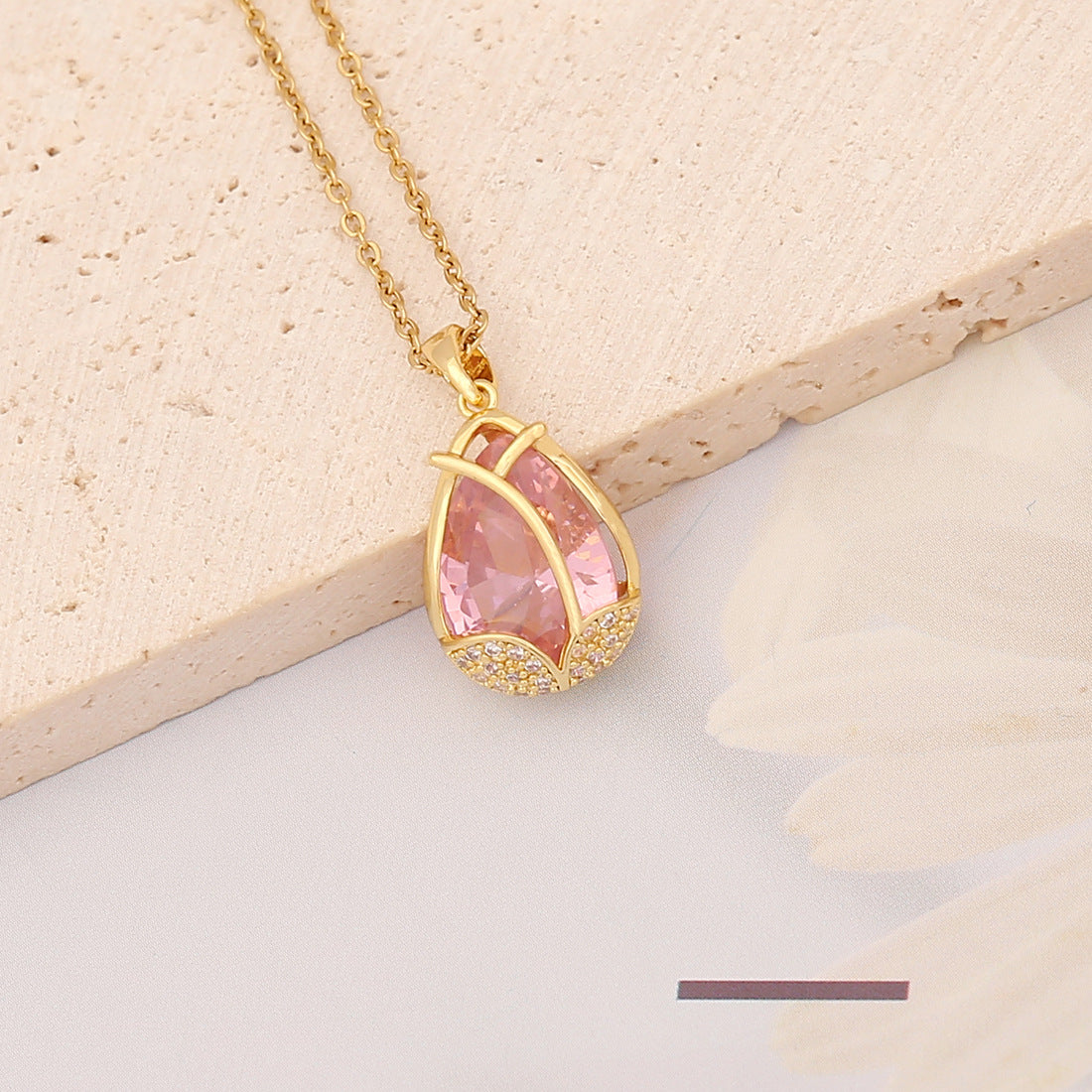 Casual Pink Heart Butterfly Pendant Necklace with Zircon Inlay