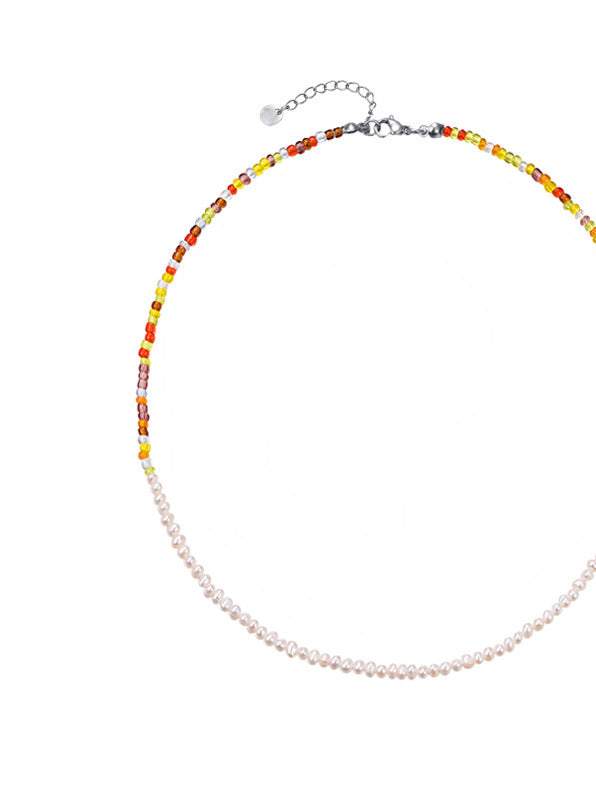 Korean Colorful Flower Earrings and Beaded Pearl Necklace Set for Women