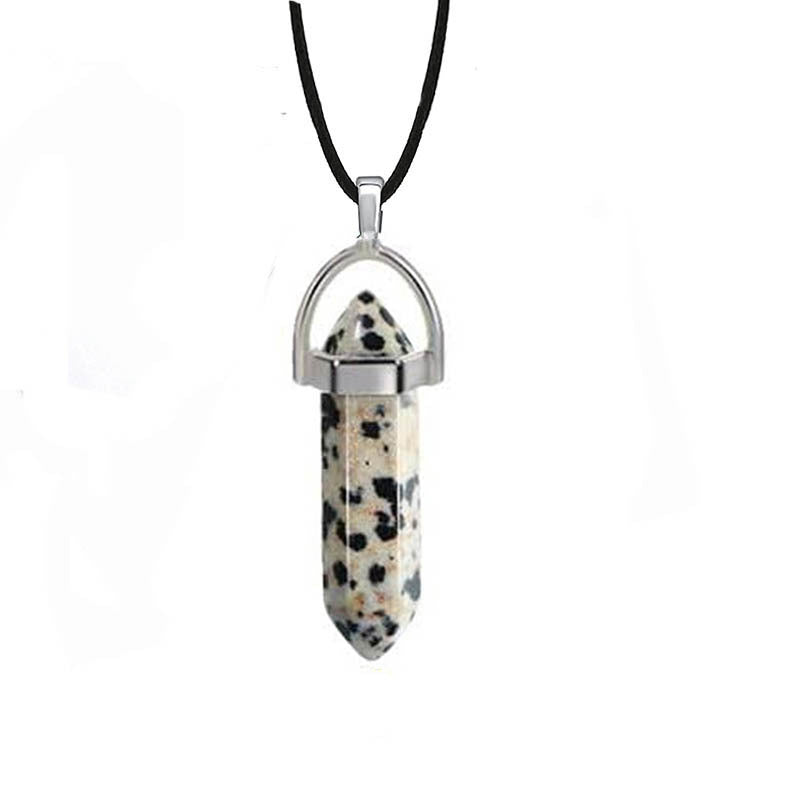 Hexagon Prism Natural Stone Leather Rope Necklace with Quartz Point Pendant