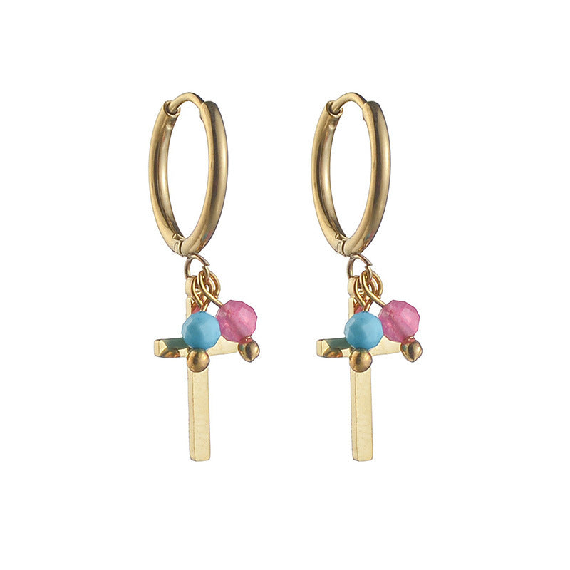 14k Geometric Cross Pearl Titanium Steel Earrings for Women