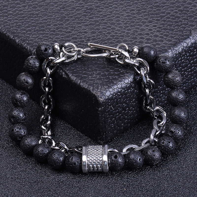 Geometric Natural Stone Lava Bead Stainless Steel Double Layer Bracelet