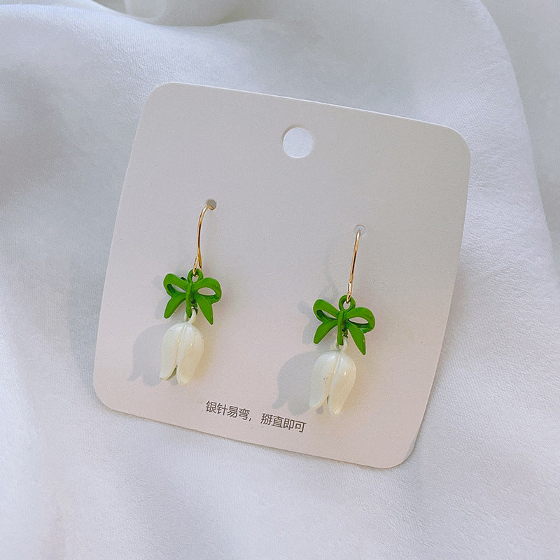 Fairy Leaf Flower Opal Zircon Earrings with Imitation Pearl and Green Tulip Tassel Design